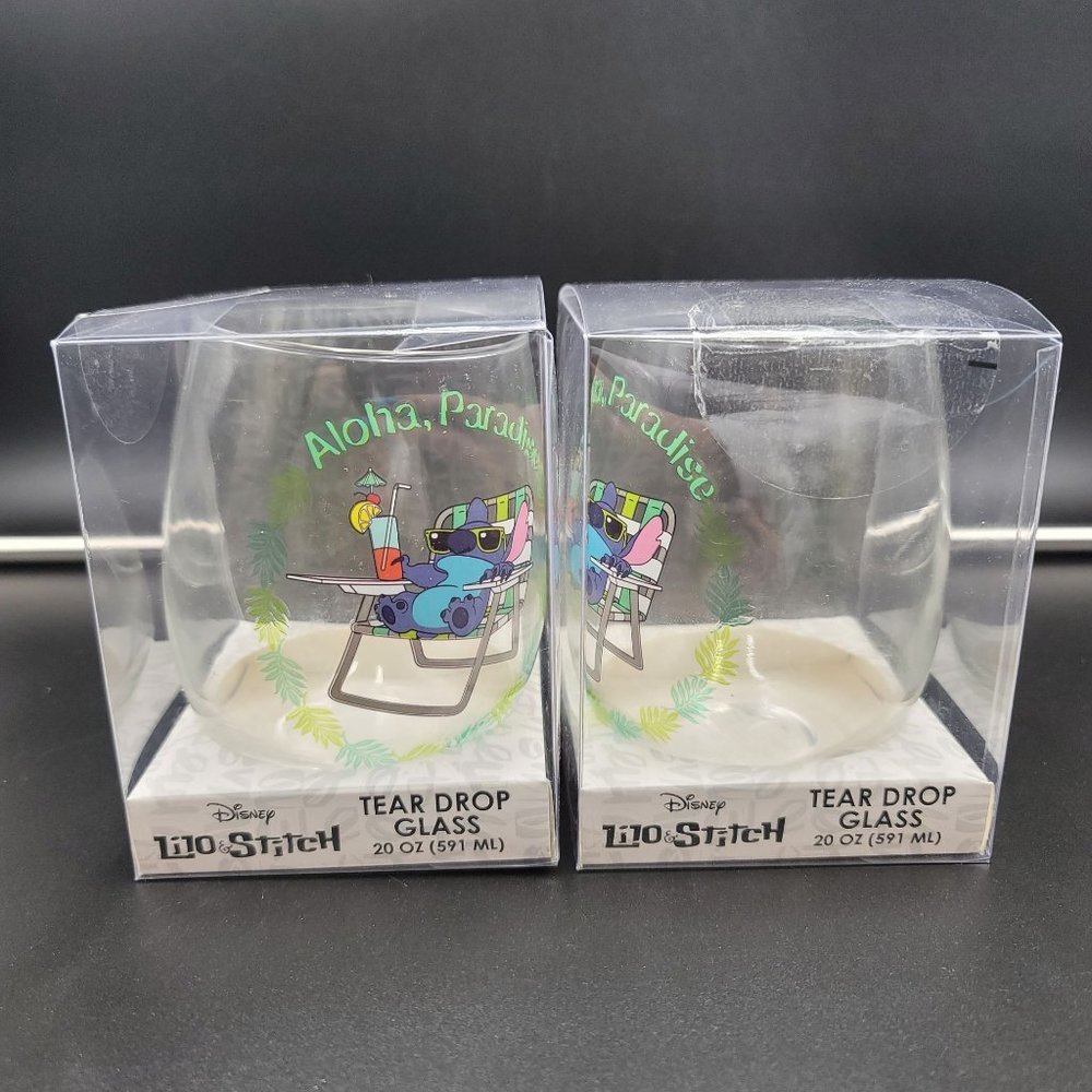 Stitch Wine Glasses 20 Oz Tear Drop Disney Stemless Paradise 2 Piece Glassware